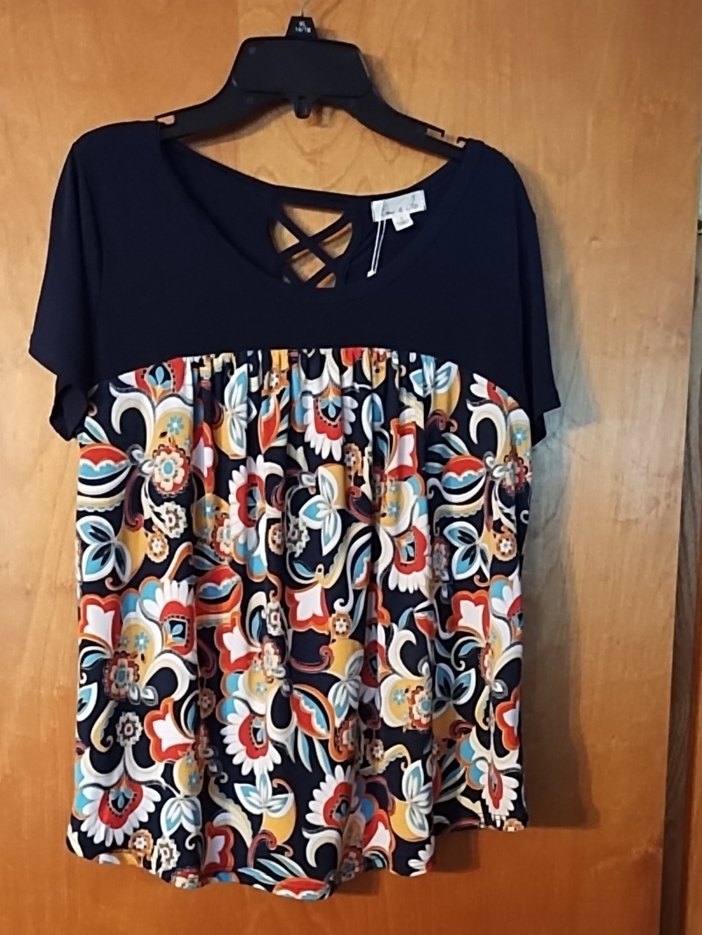 Women's Navy Blue Short Sleeve Top with Multicolor Floral Print